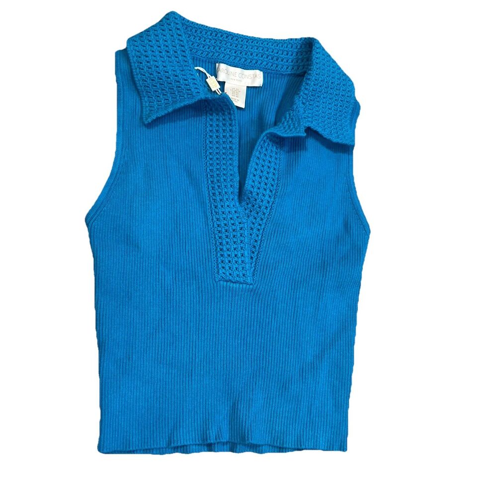 Caroline Constas Blue ribbed crochet Knit V-Neck‎ Crop Top designer NWT XS